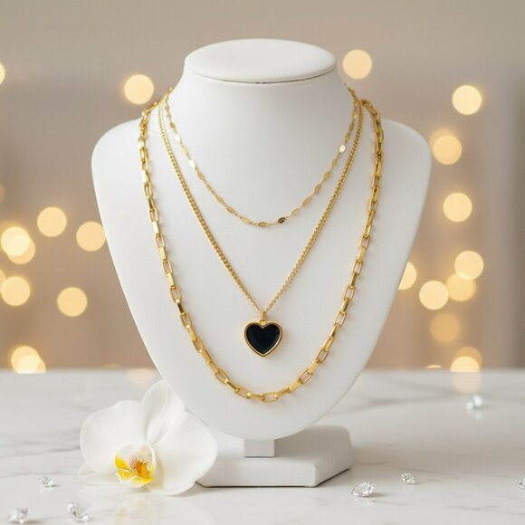 🆕️Elegant 18K Gold Plated Triple Layer Necklace & Heart Earrings Trendy Set ✨ - Picture 6 of 15